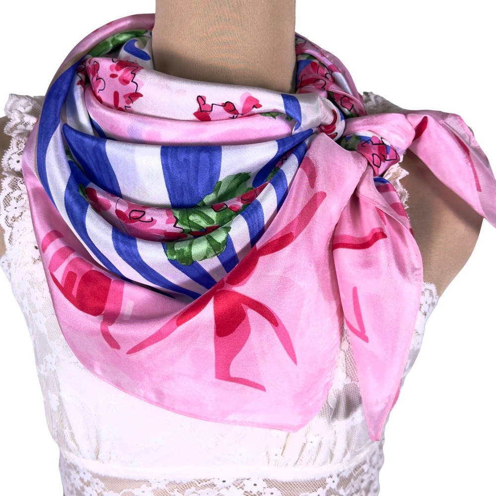 Vtg Carleton Varney 41" Scarf Pink Floral Geranium Blue Resortwear Regencycore - Picture 3 of 9